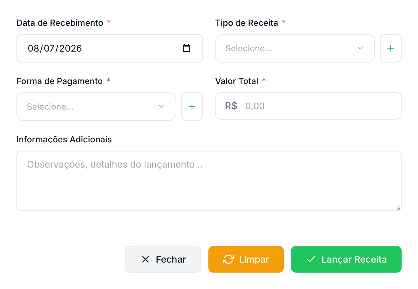 Tela de novo lançamento de receita